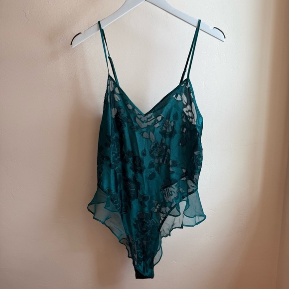 Vtg Victoria’s Secret Gold Label Satin Bodysuit Emerald Green Floral Ruffle L - Picture 4 of 9